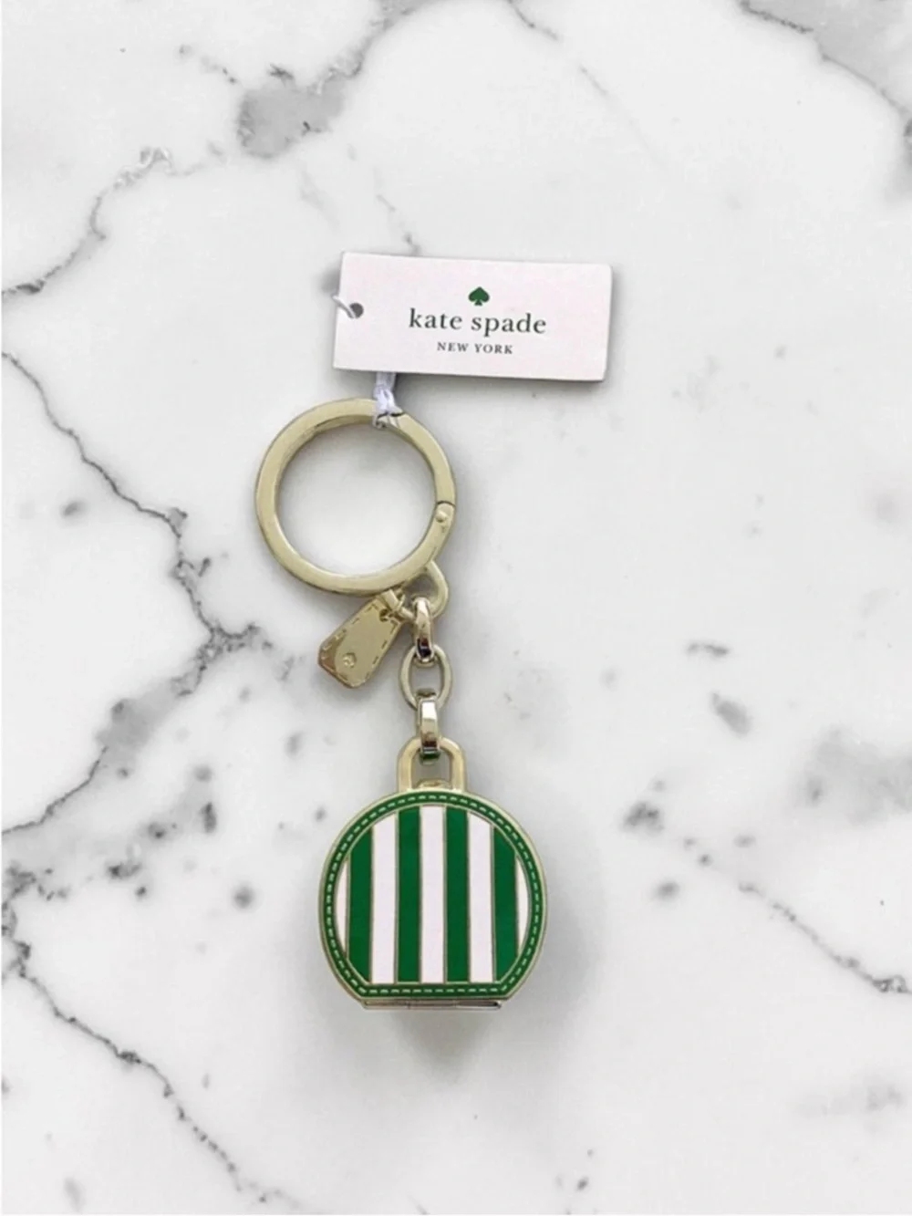 Kate Spade Traveler Even Green and White Stripe Metal Trunk Key Fob Bag Charm